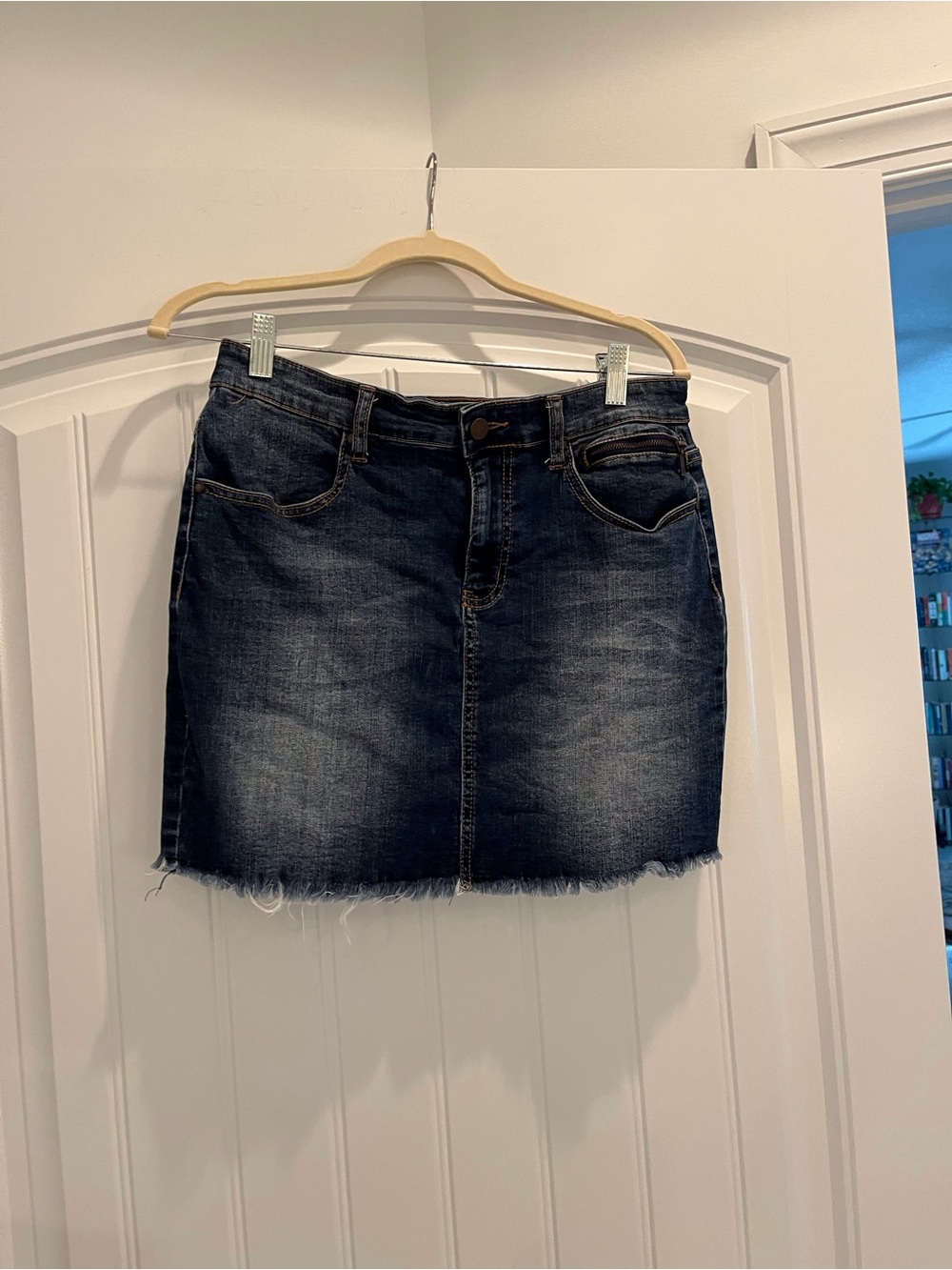 Tinseltown Dark Wash Denim Mini Skirt with Frayed Hem